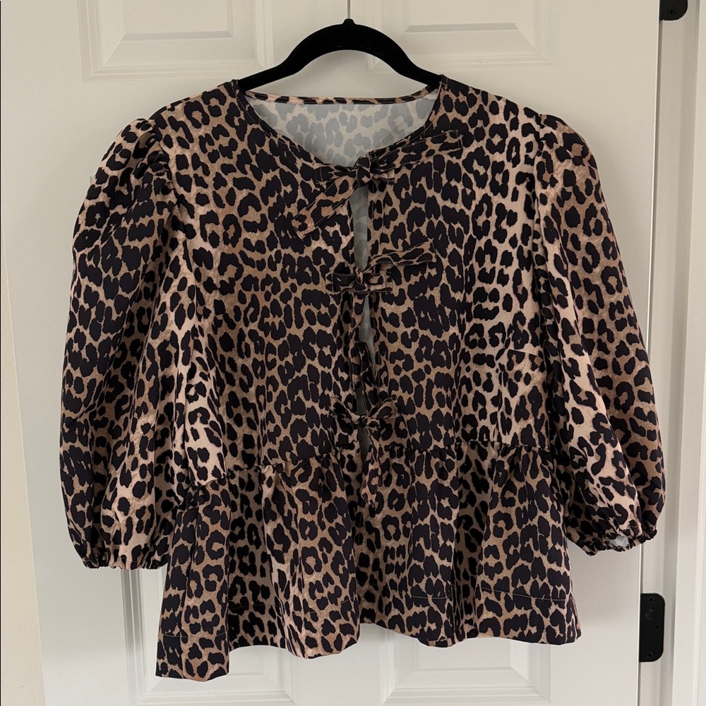 100% Cotton Leopard Print Puff Sleeve Blouse